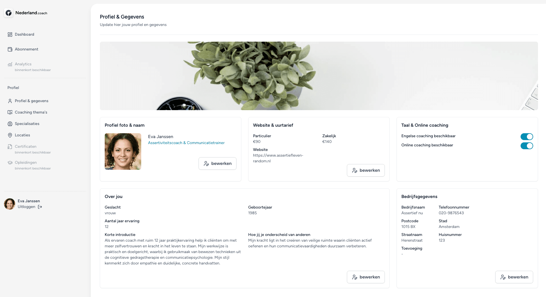 Nederland.coach dashboard